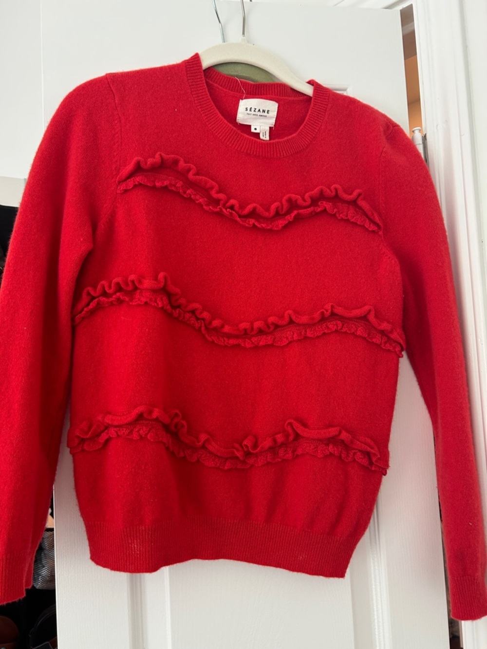 Sézane Red Ruffle Detail Crewneck Sweater